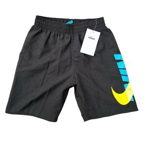 Nike Boys Size L Athletic Shorts in Black with Blue and Yellow Swoosh